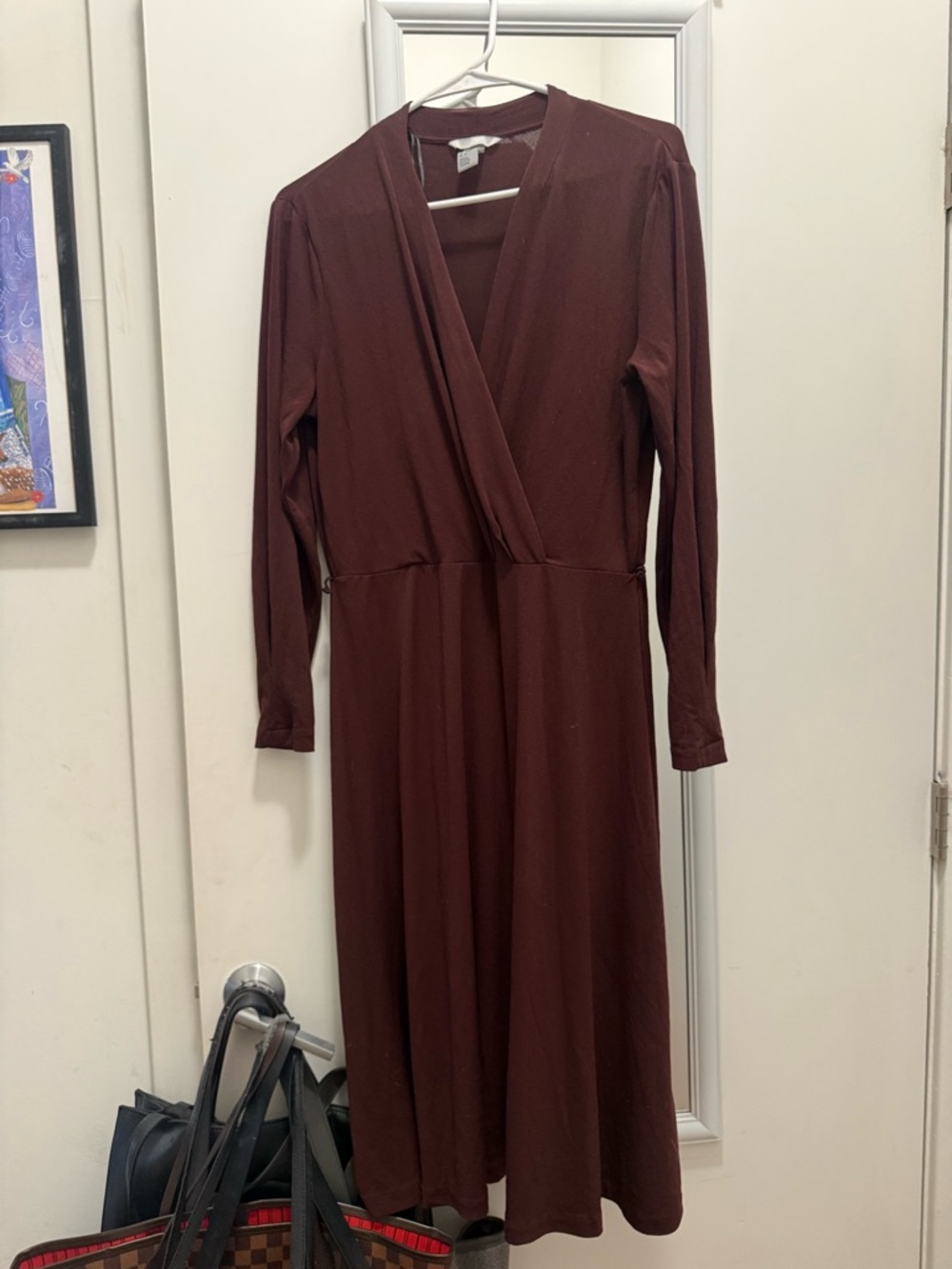 H&M Deep Burgundy Long Sleeve Faux Wrap-Front Midi Dress